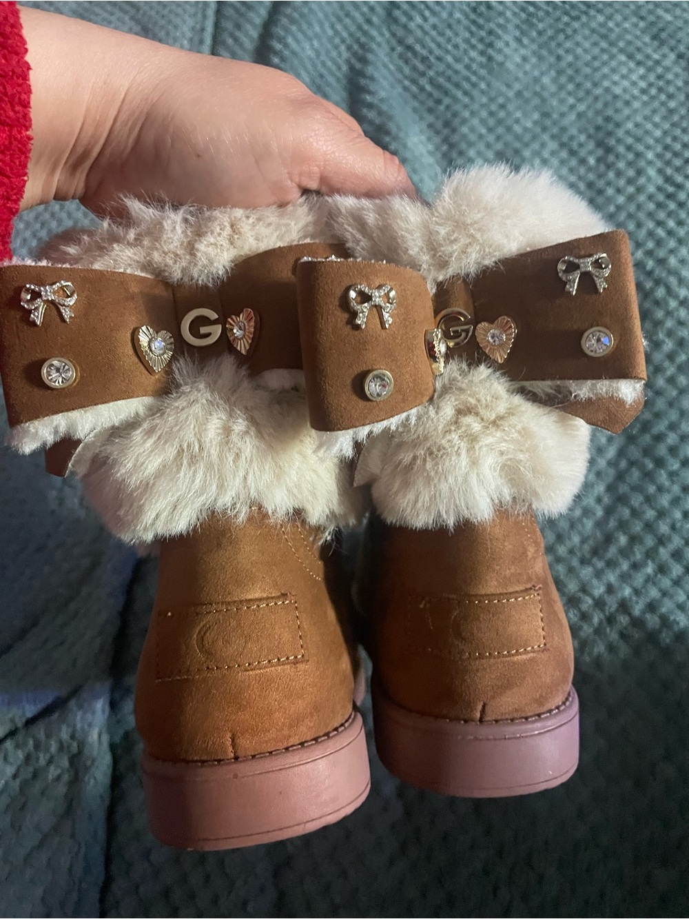 Womens Brown Faux-Fur Winter Booties with Decorative Charms